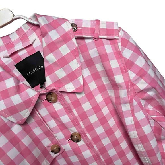 Talbots NWT Gingham Trench Coat Size XL Pink White Belted Cotton Blend Jacket - Picture 3 of 9